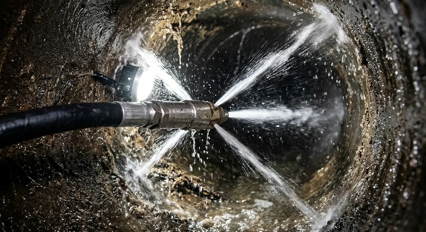 High-pressure hydro jetting nozzle cleaning sewer pipe for Trenchless Sewer Repair in Des Plaines