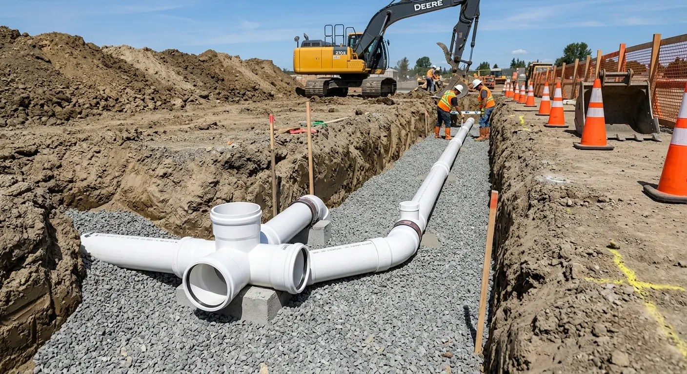 New PVC sewer pipe installation in open trench for Sewer Backup in Des Plaines